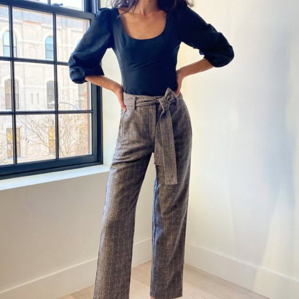 Wilfred Jallade Plaid Check Wide Leg Tie Front Wool Trouser Pants in Grey